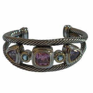 Twisted Cable Silver-tone Metal Cuff Bracelet With Colored Gems Replica